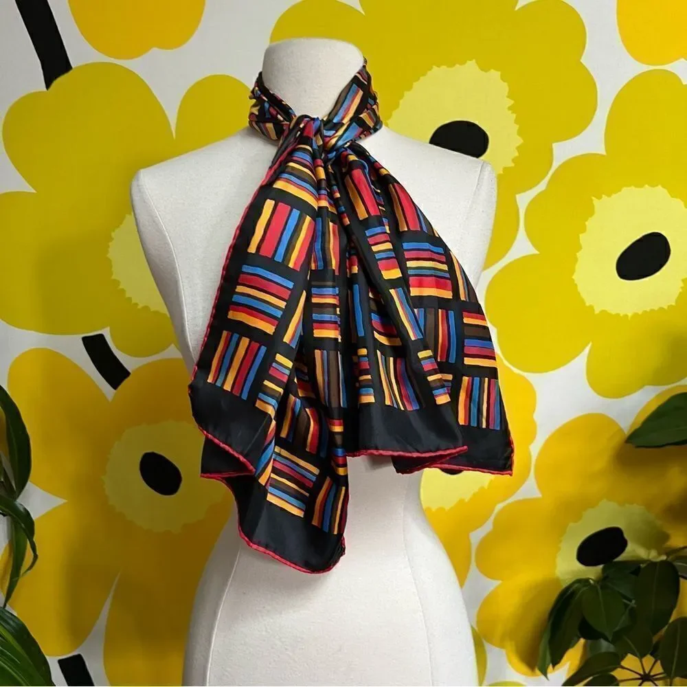 Mod Vintage 70s Primary Color Lines Geometric Hair Neck Bag Scarf